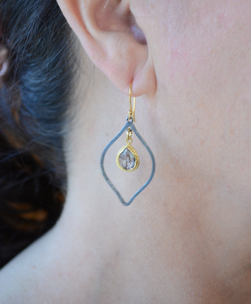 Faceted Black Rutile Quartz dark rhodium drop earrings