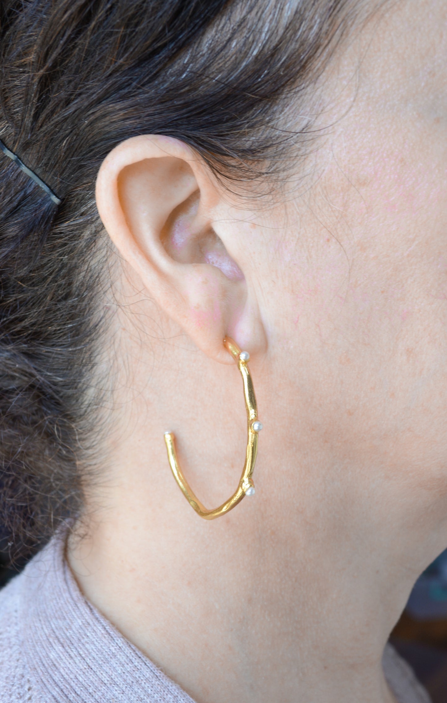 Organic shape Hoop Earrings With Fresh Water Pearls