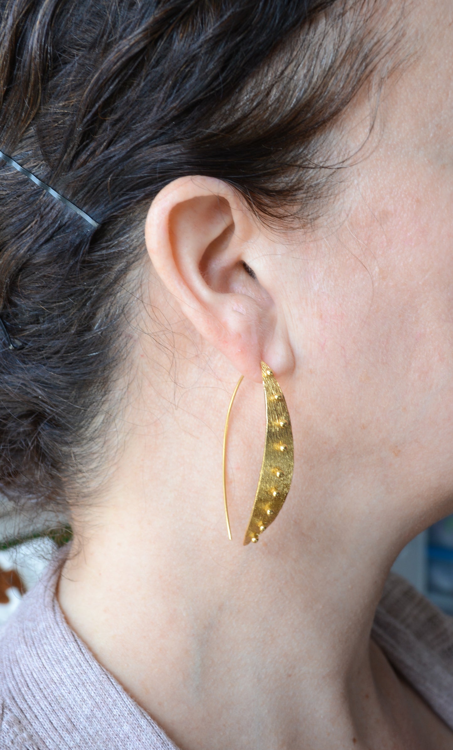 Gold plated Brass Beaded Leaf earring