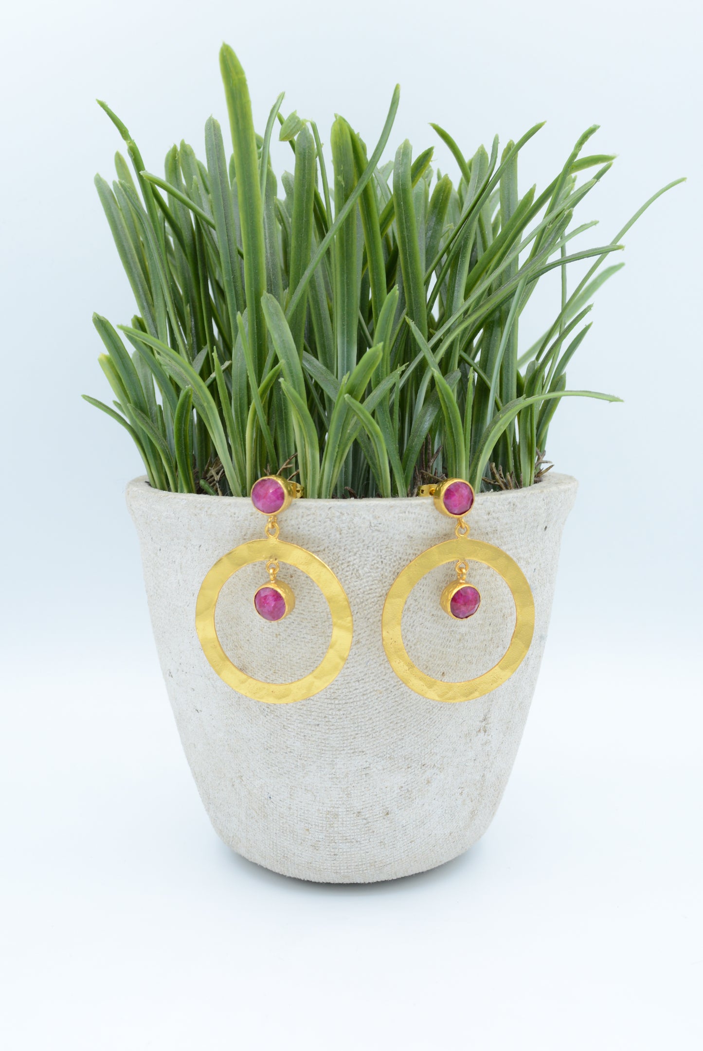 Hammered hoops with post and Ruby stones