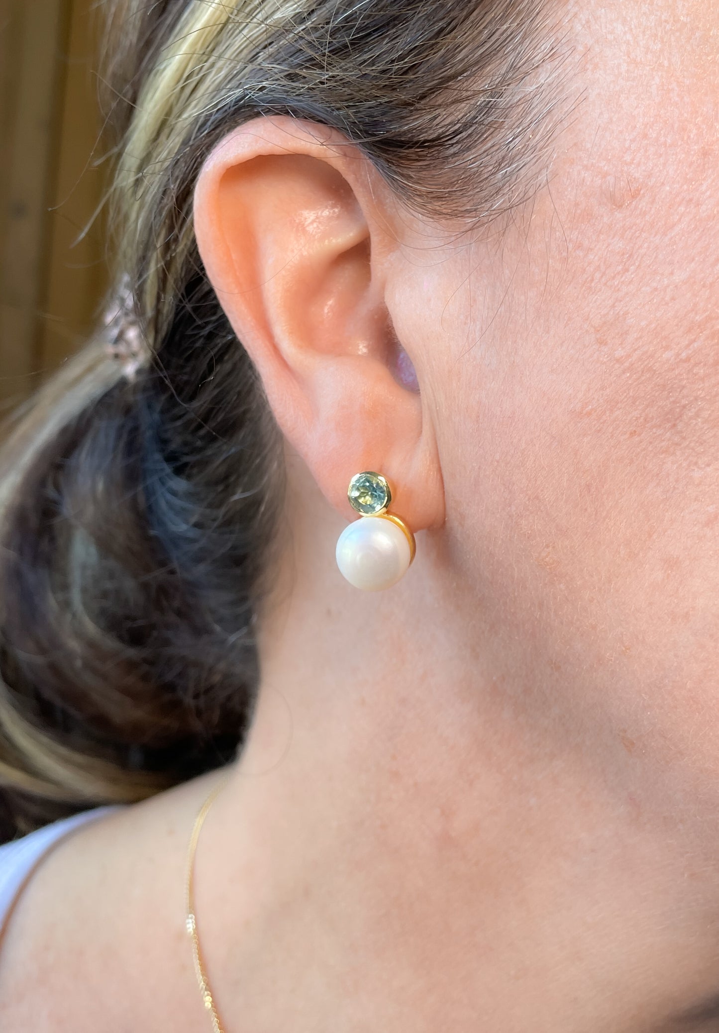 Gold blue topaz and pearl stud earrings
