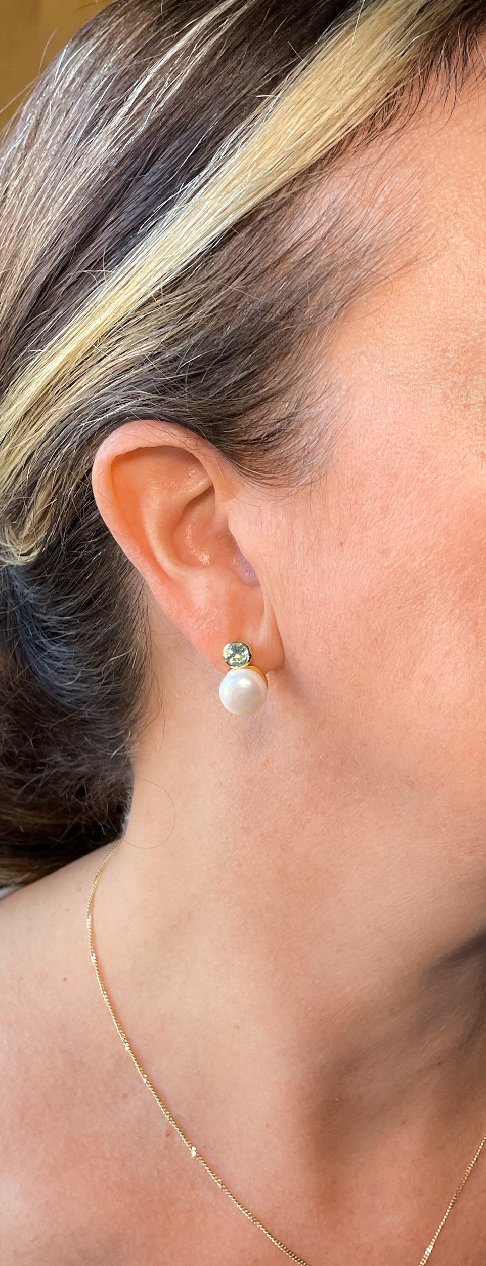 Gold blue topaz and pearl stud earrings