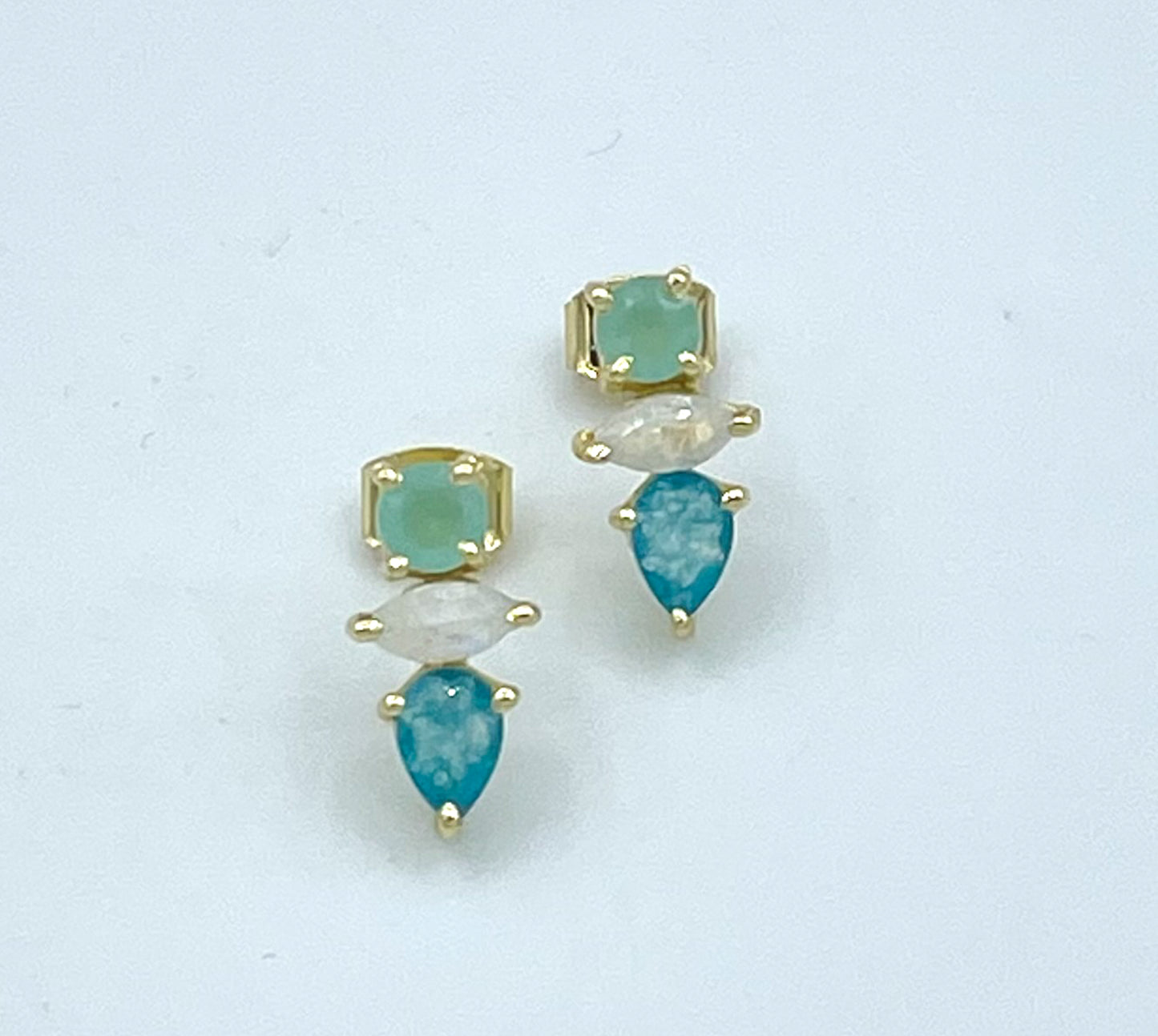 Gold blue quartz, moonstone and jade stud earrings