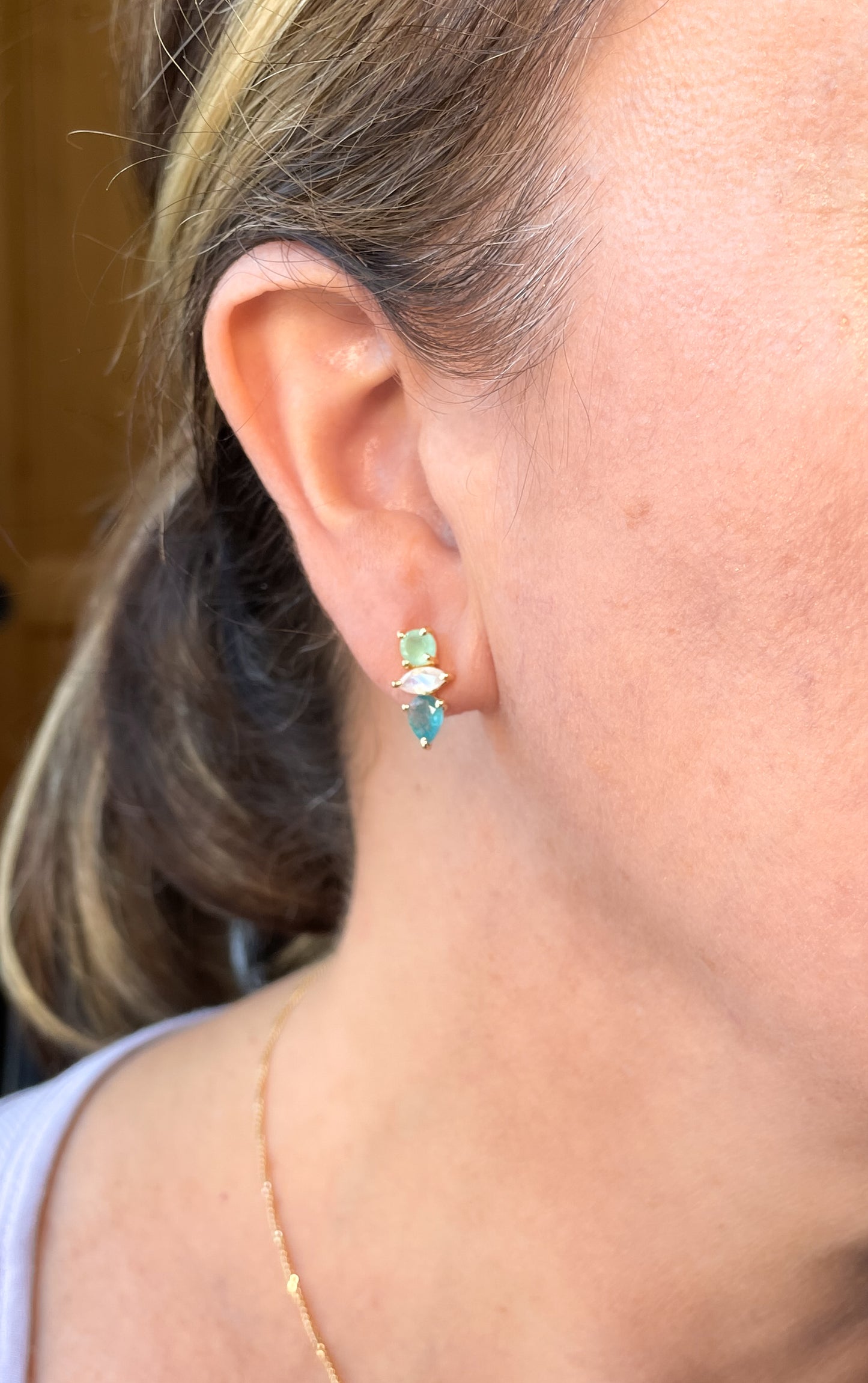 Gold blue quartz, moonstone and jade stud earrings