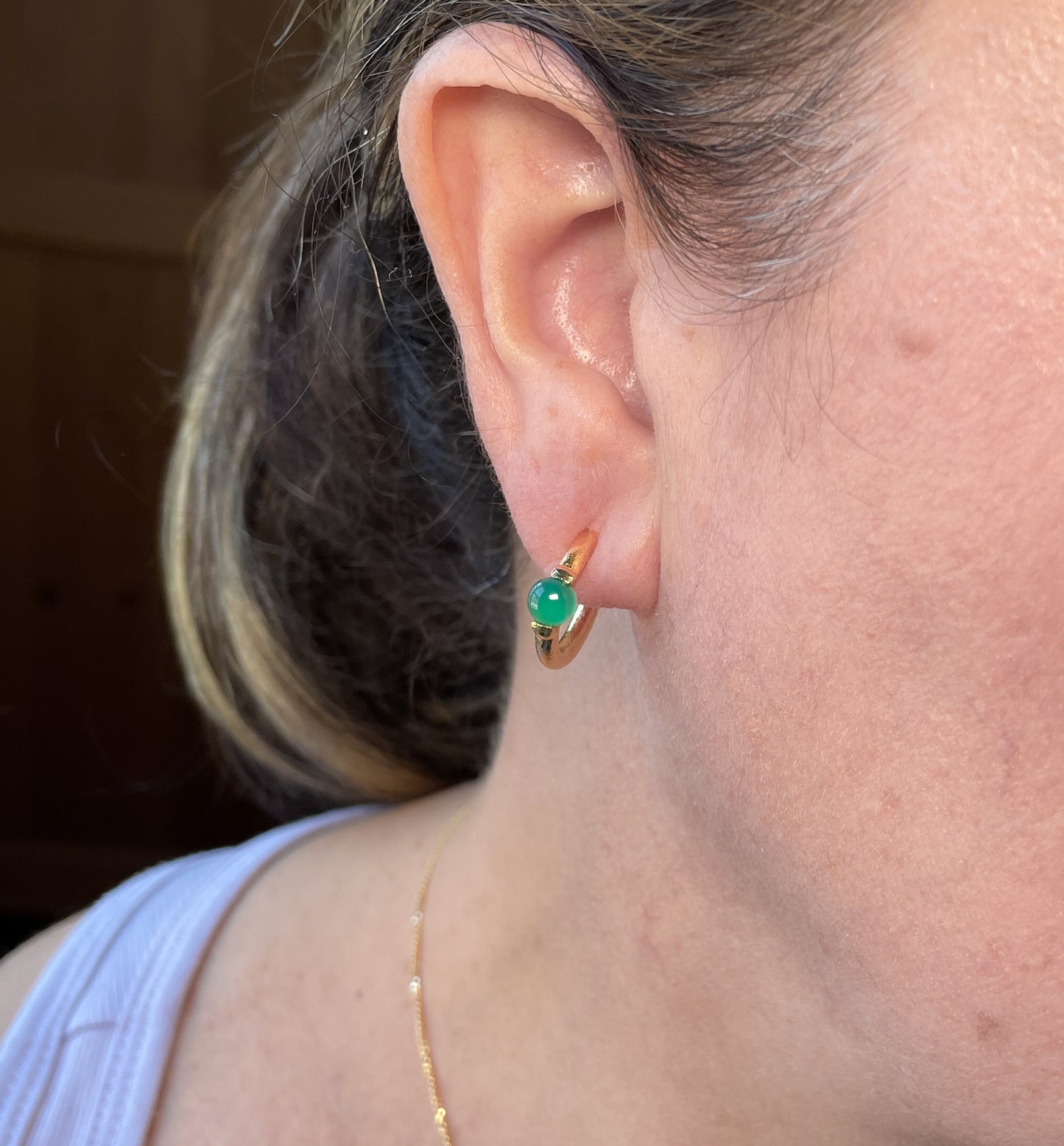 Gold plated textured hoops with green onyx accents