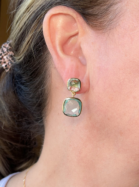 Gold cushion cut double drop blue topaz earrings
