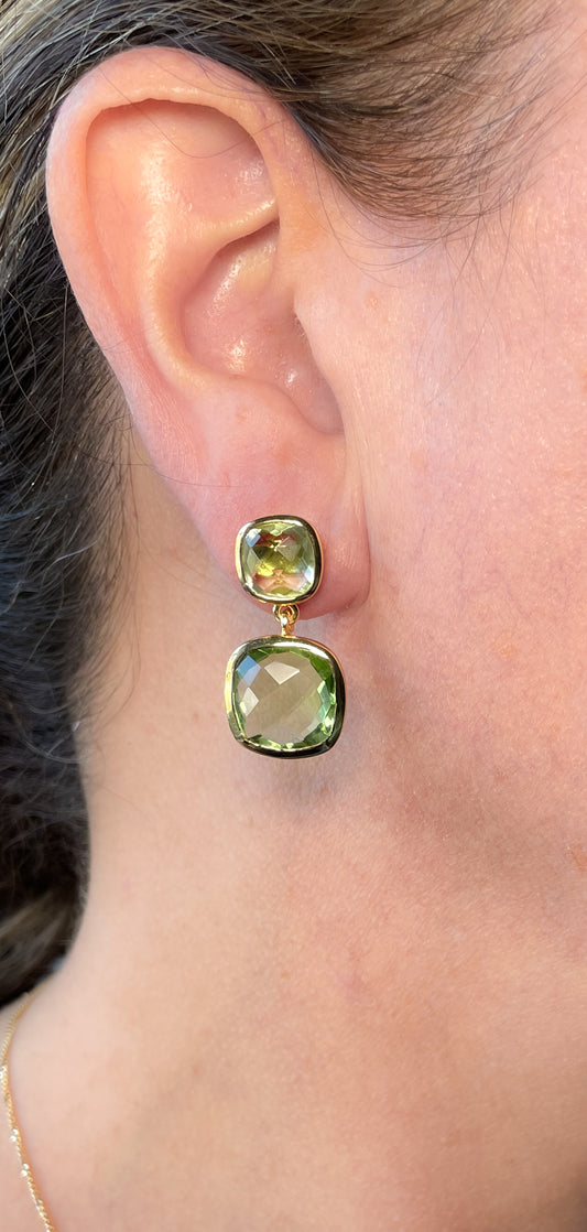Gold cushion cut double drop green amethyst earrings