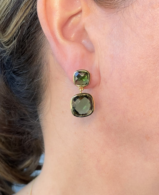 Gold cushion cut double drop green tourmaline earrings