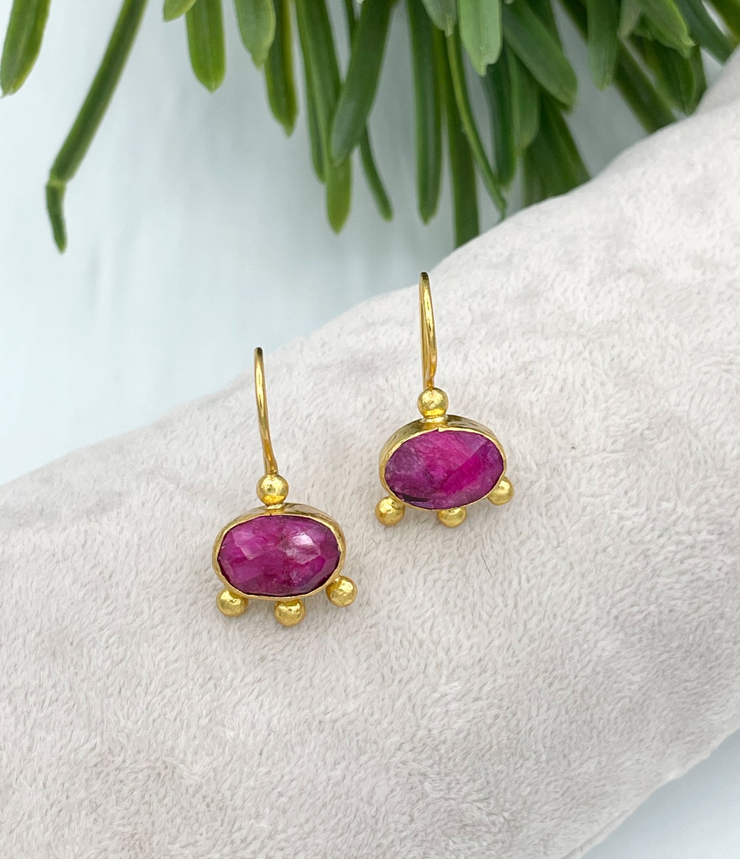 Gold plated rough cut ruby dangle earrings