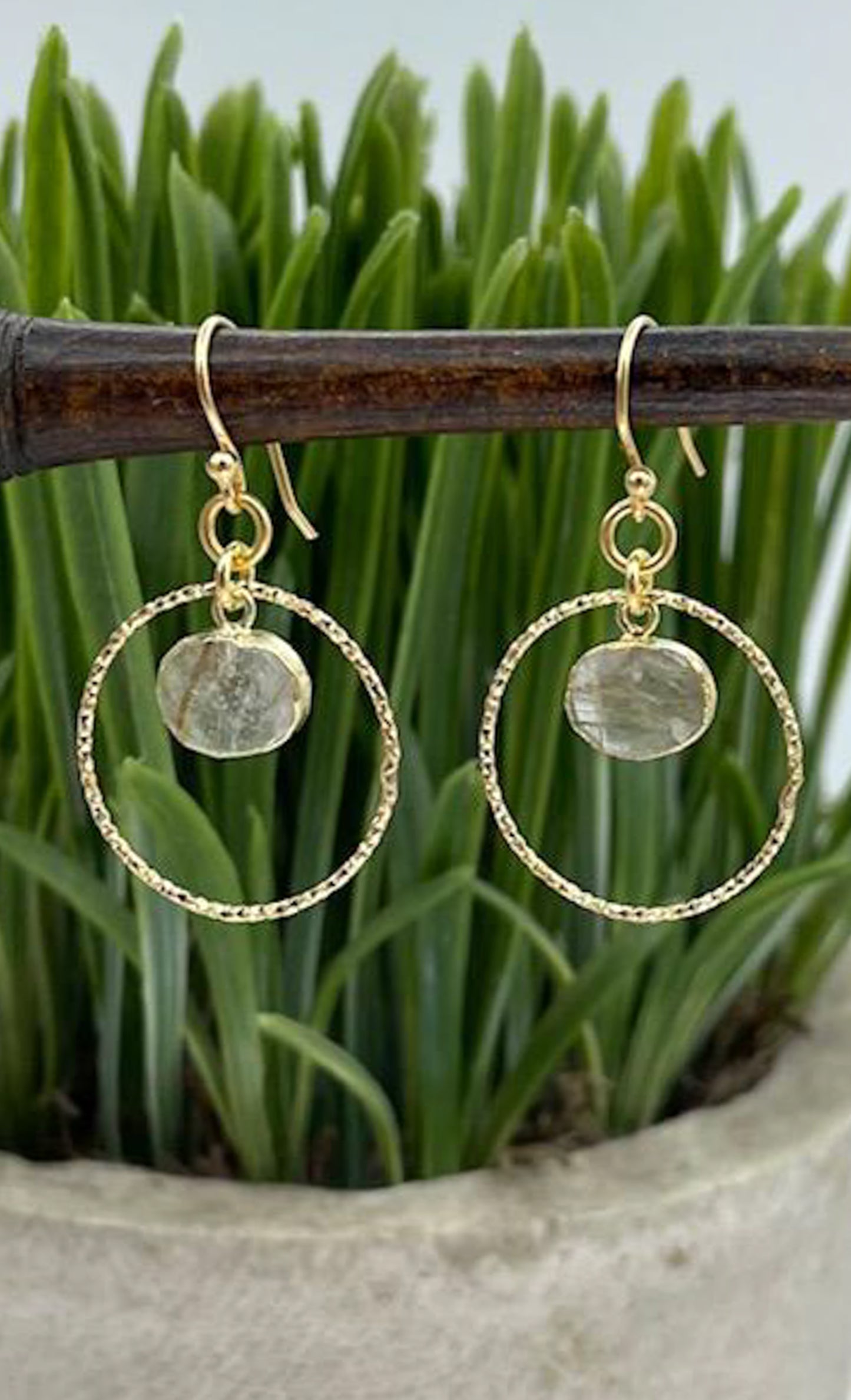 Gold plated hoops with rutile quartz