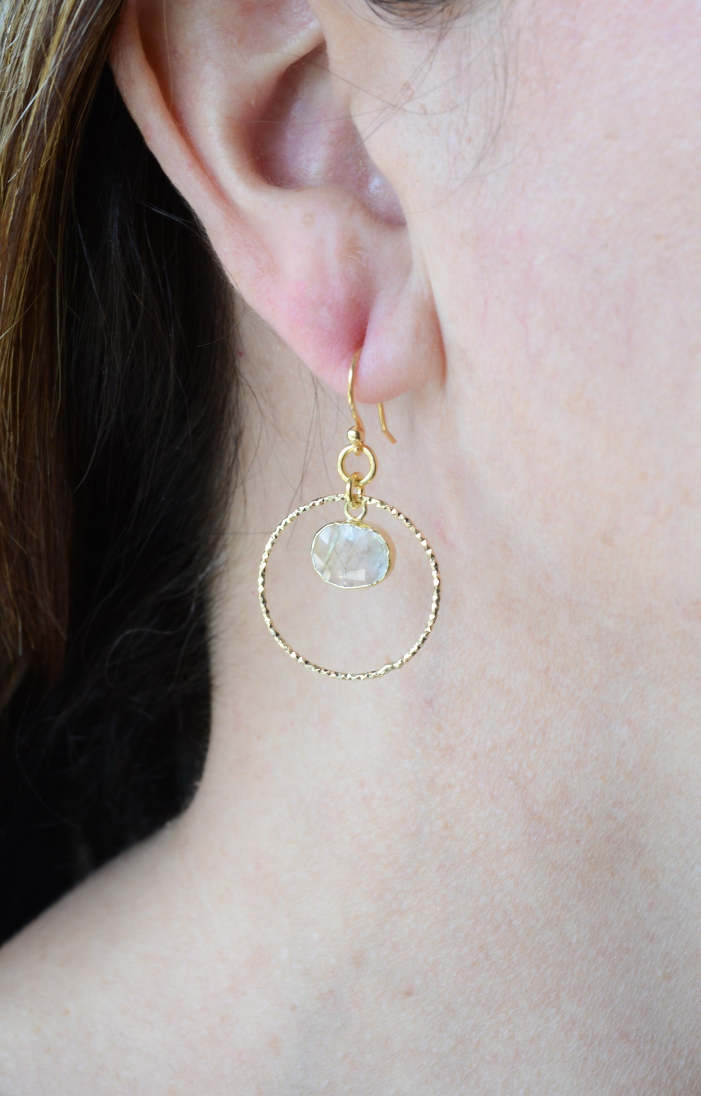 Gold plated hoops with rutile quartz