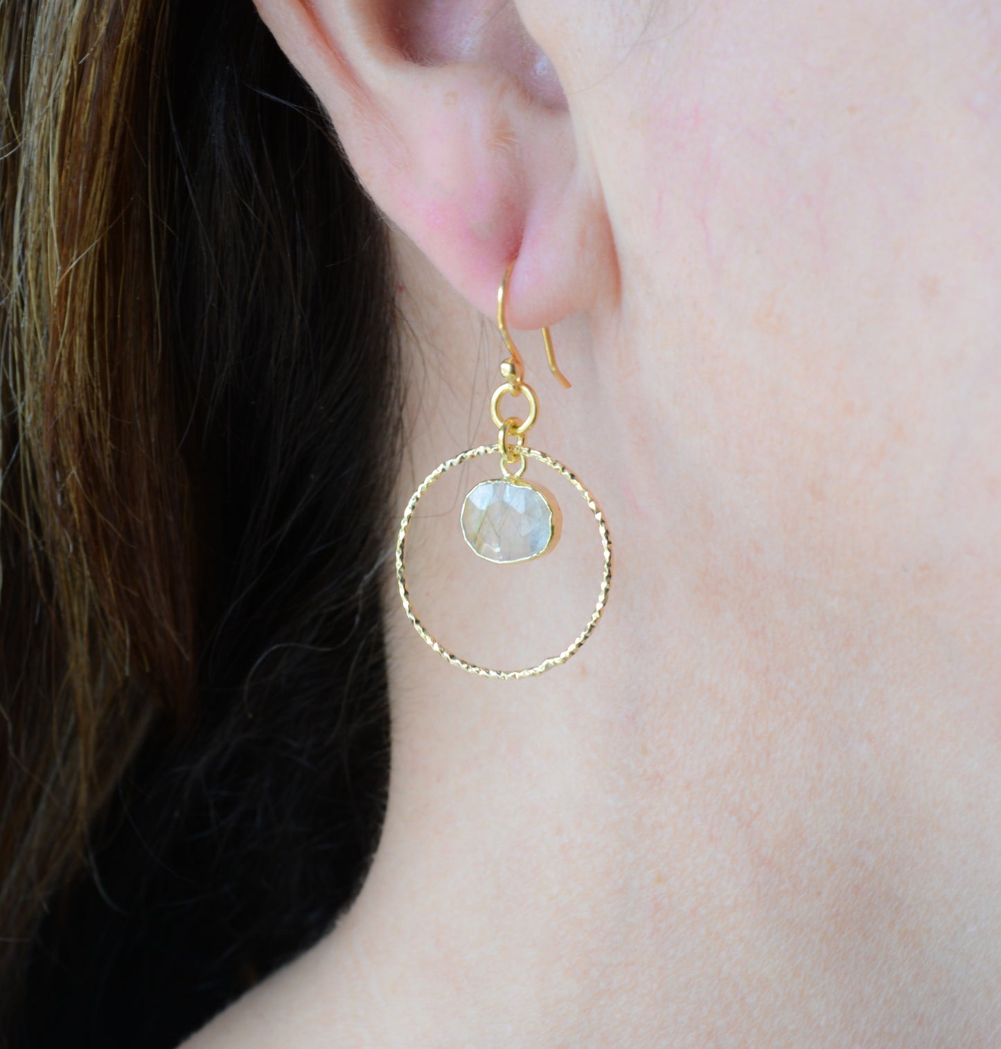 Gold plated hoops with rutile quartz