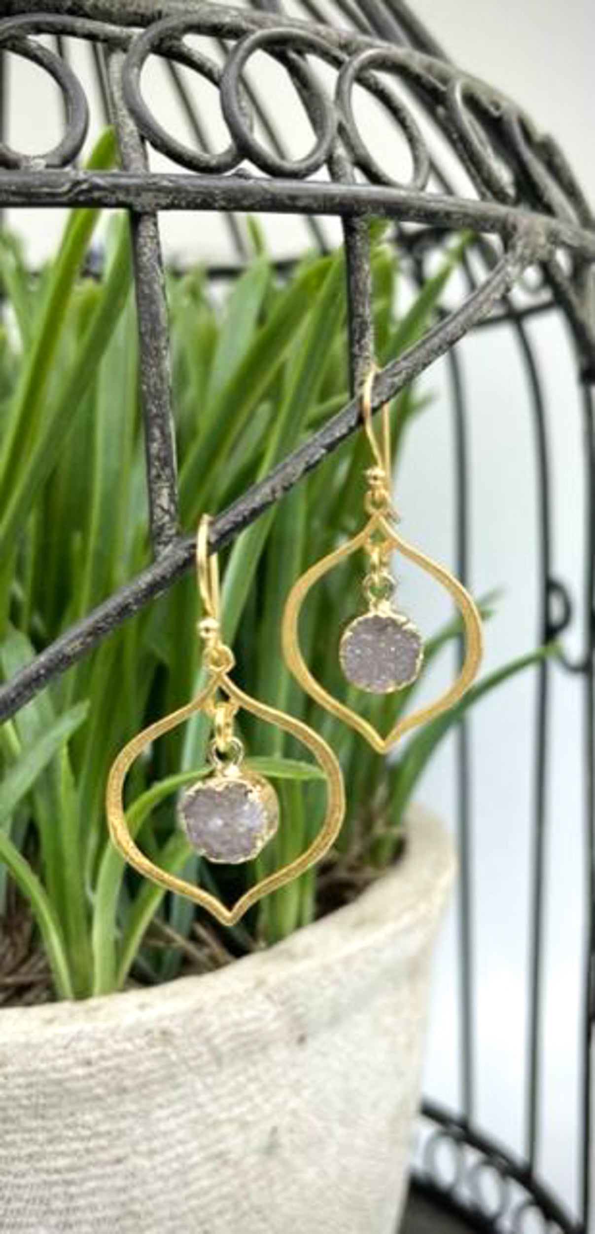 Gold lotus earrings with druzy stones