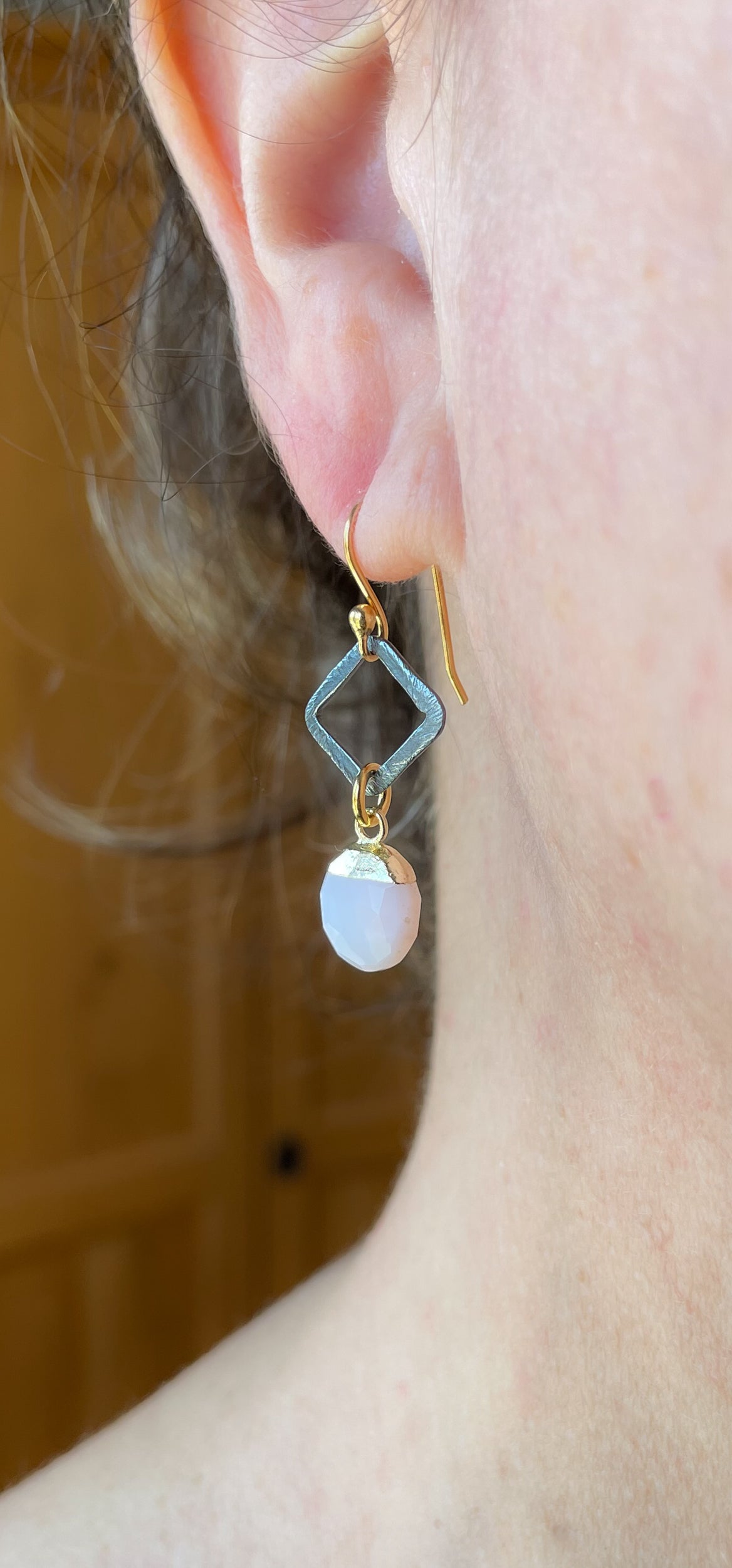 Faceted Pink Opal two-tone Diamond shape earrings