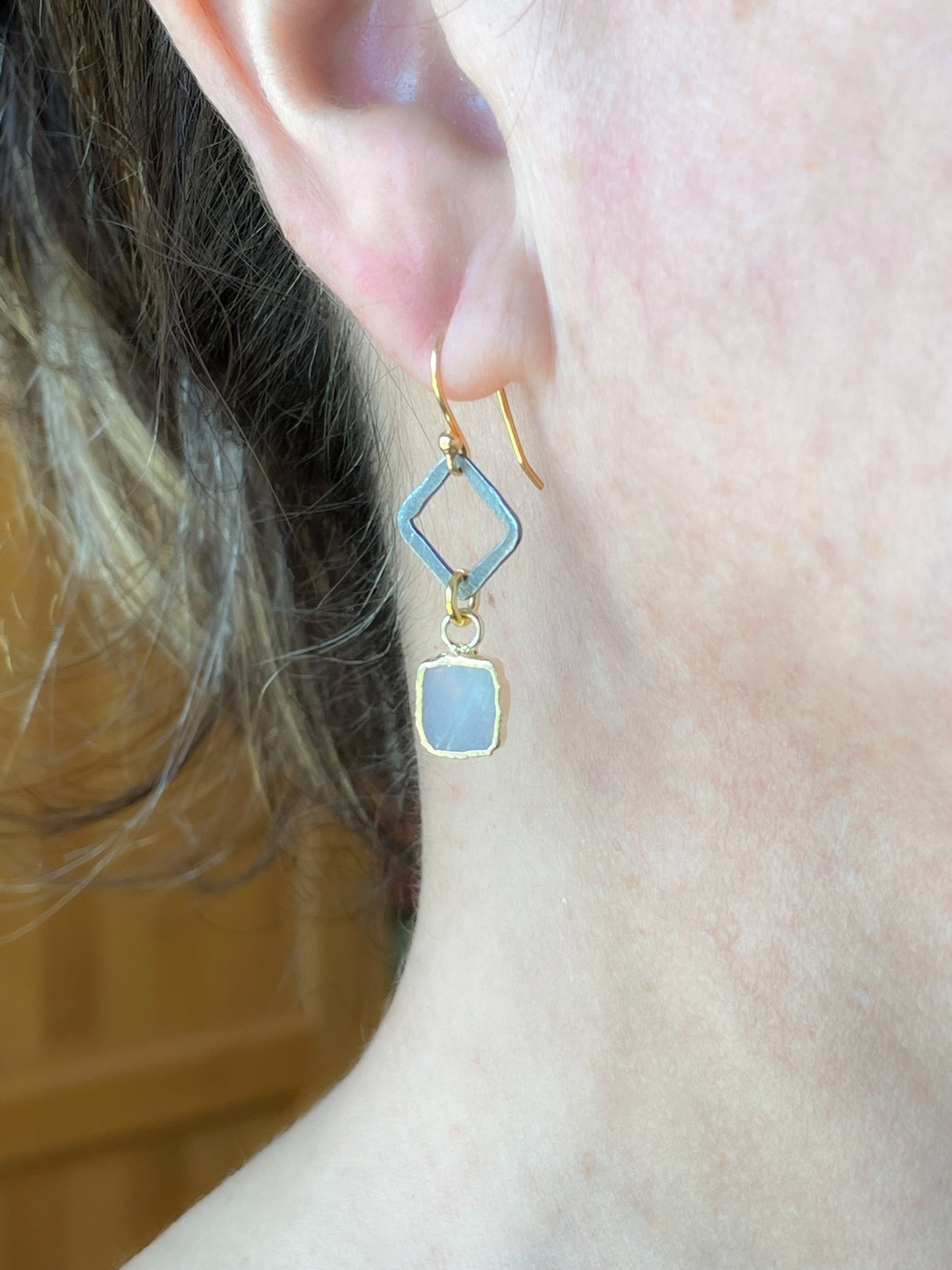 Faceted Rainbow Moonstone two-tone Diamond shape earrings