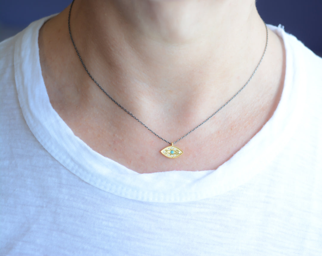 Evil eye talisman necklace with turquoise, Dark Rhodium