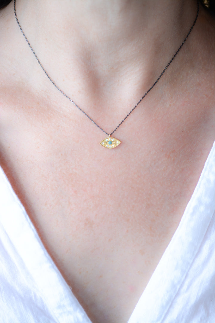 Evil eye talisman necklace with turquoise, Dark Rhodium