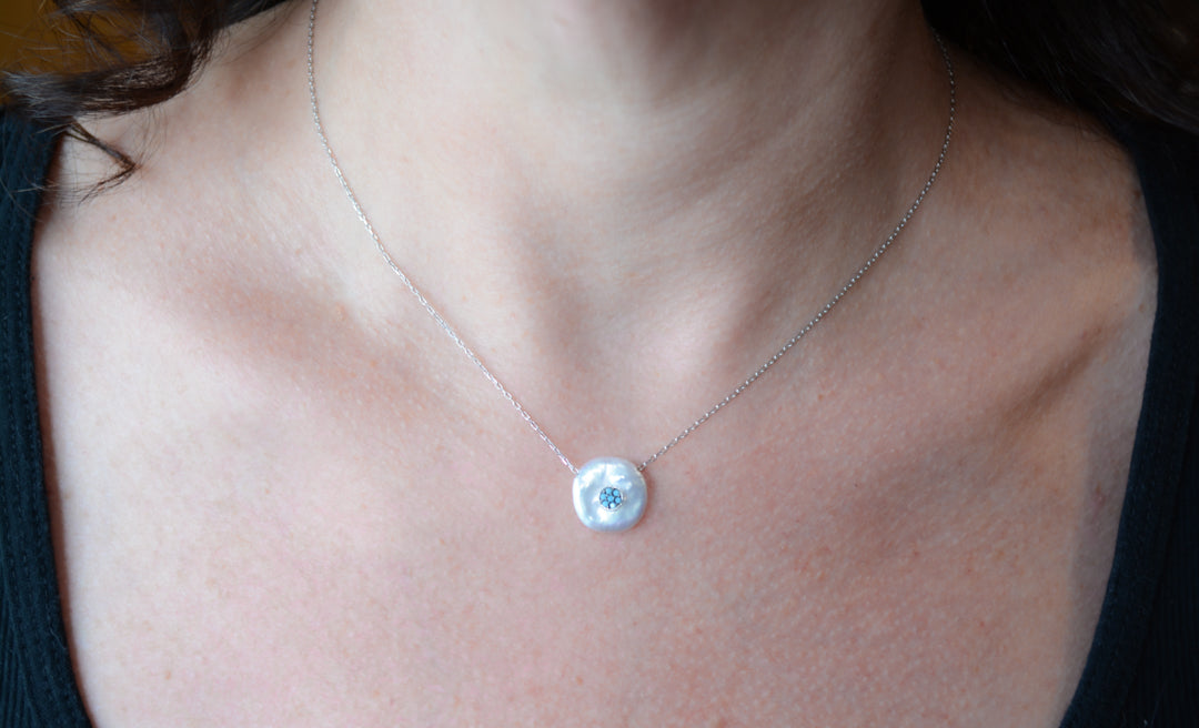 Sterling silver pearl necklace with turquoise crystals