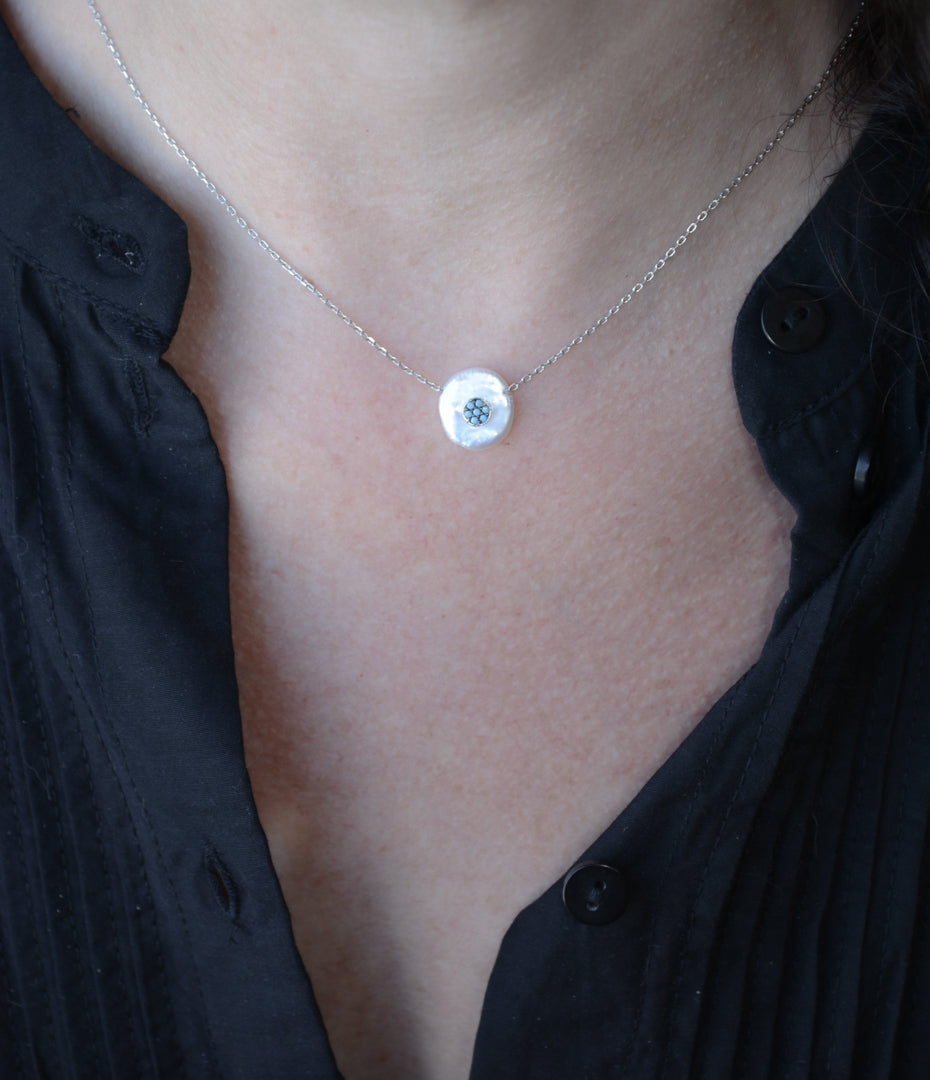 Sterling silver pearl necklace with turquoise crystals