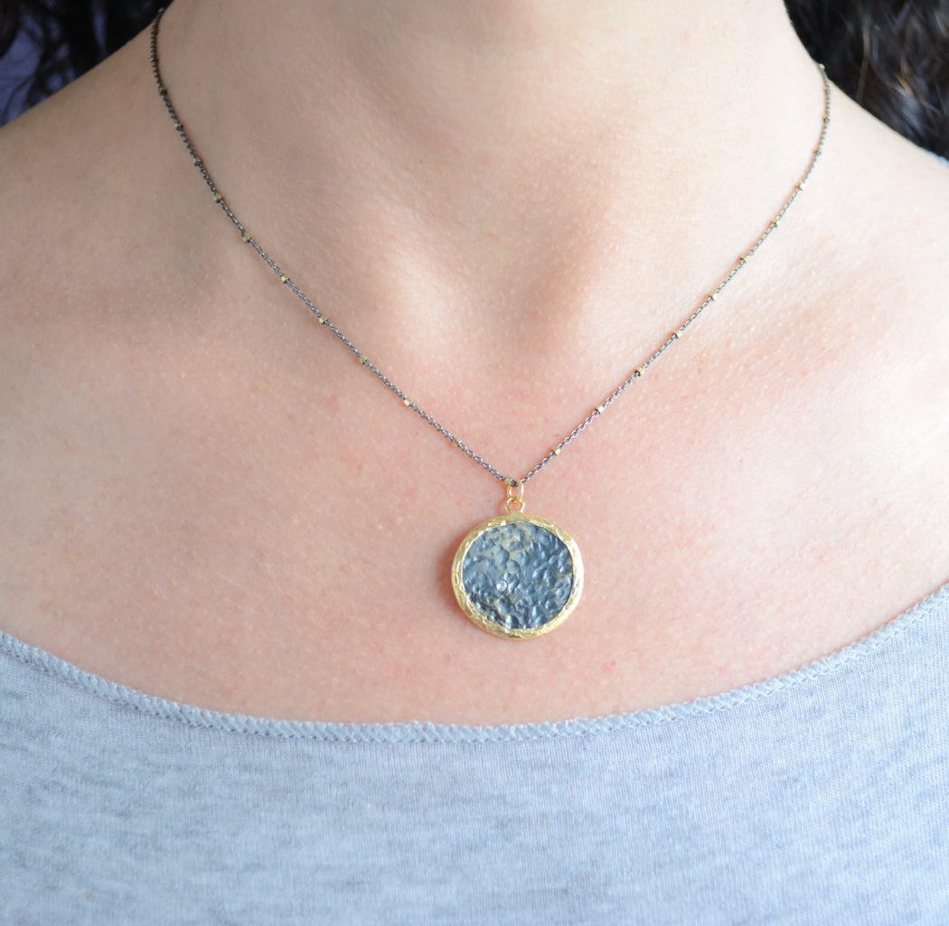 Mix metal organic circle pendant necklace with cz accent
