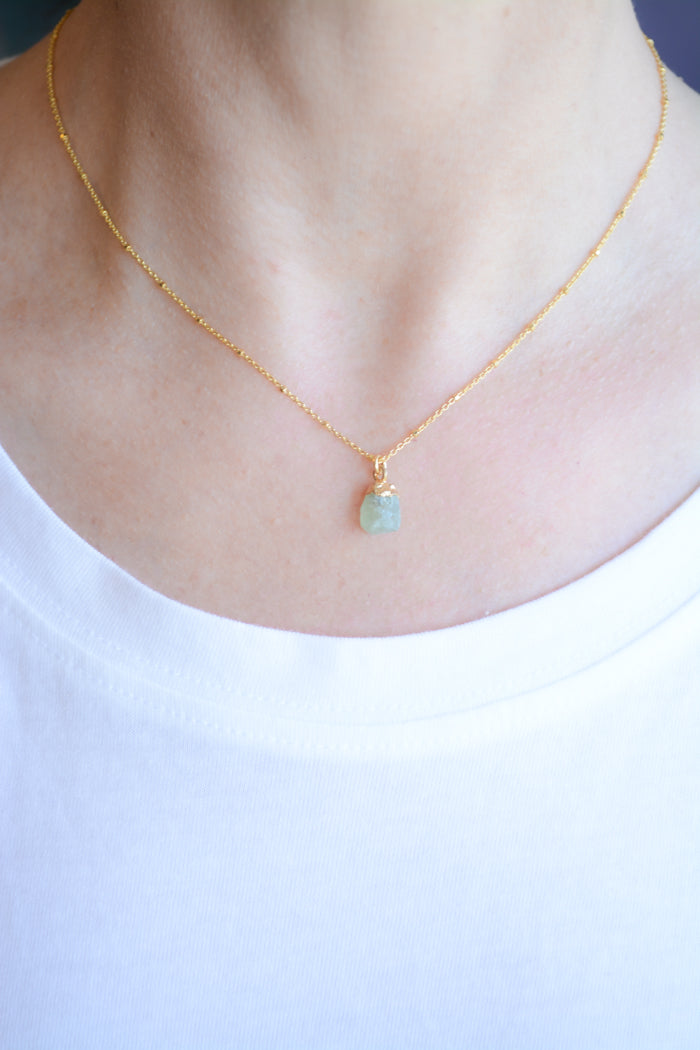Gold Necklace With Rough Cut Prehnite Pendant