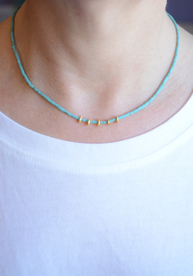 Turquoise necklace with hammered gold organic spacers