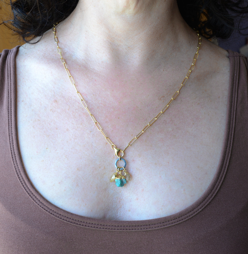 Long Paper Clip Necklace with Citrine and Turquoise