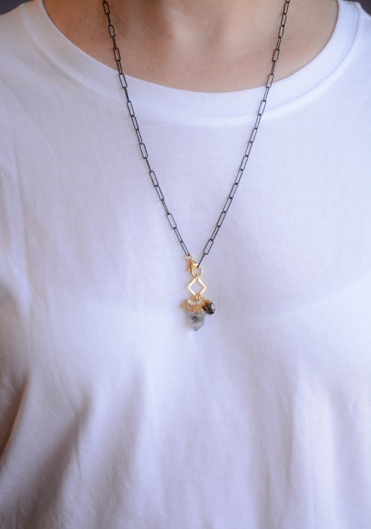 Dark Rhodium paperclip necklace with Herkimer and Citrine