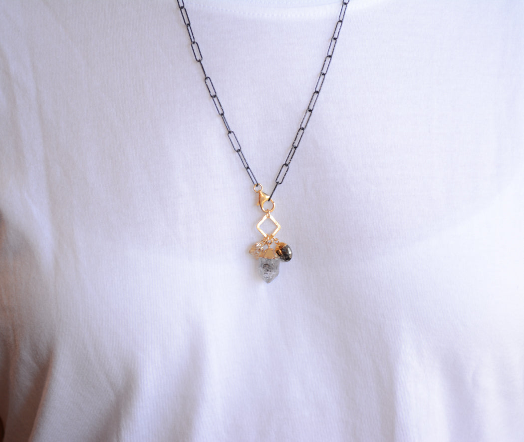 Dark Rhodium paperclip necklace with Herkimer and Citrine