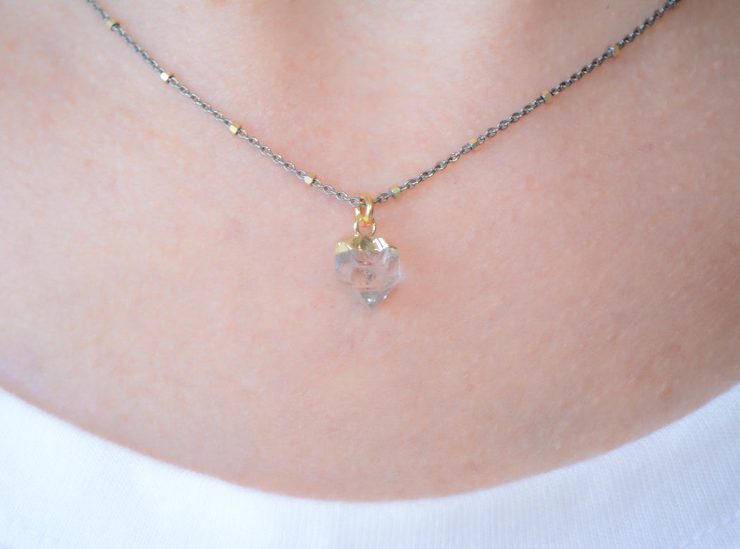 Dark rhodium Silver Necklace With Rough Cut Herkimer Pendant