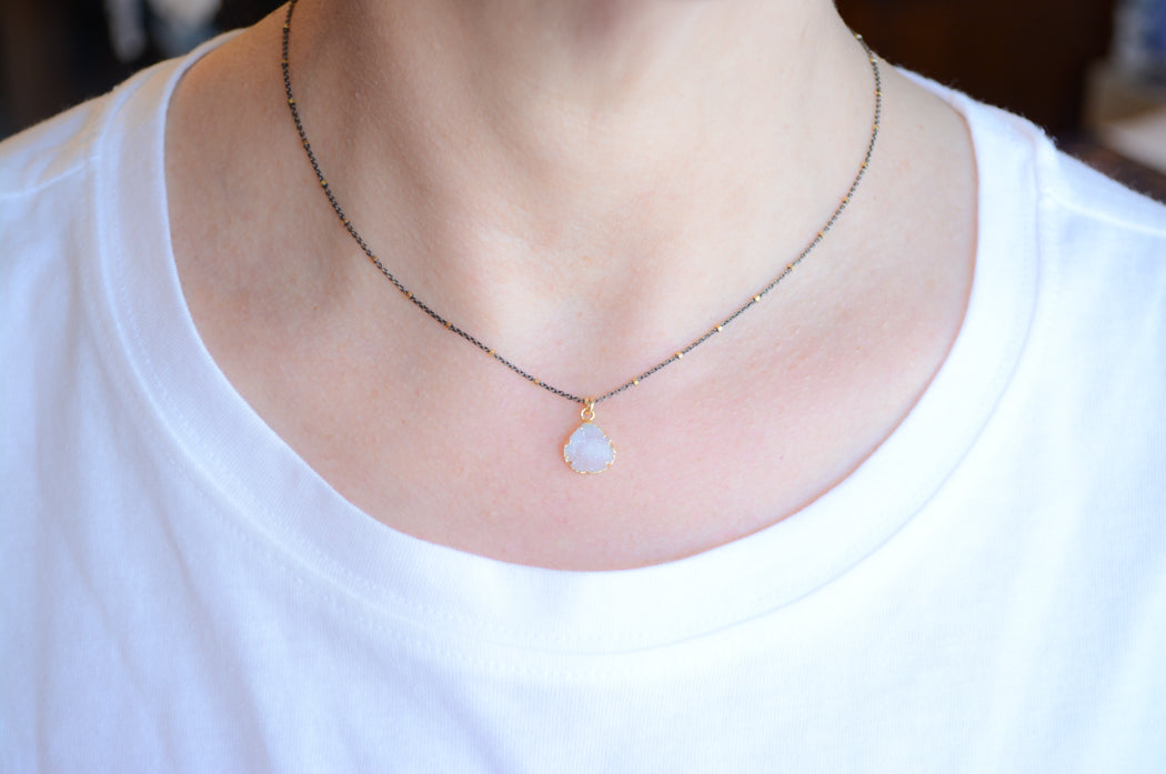 Mix metal Silver Necklace With Druzy Pendant