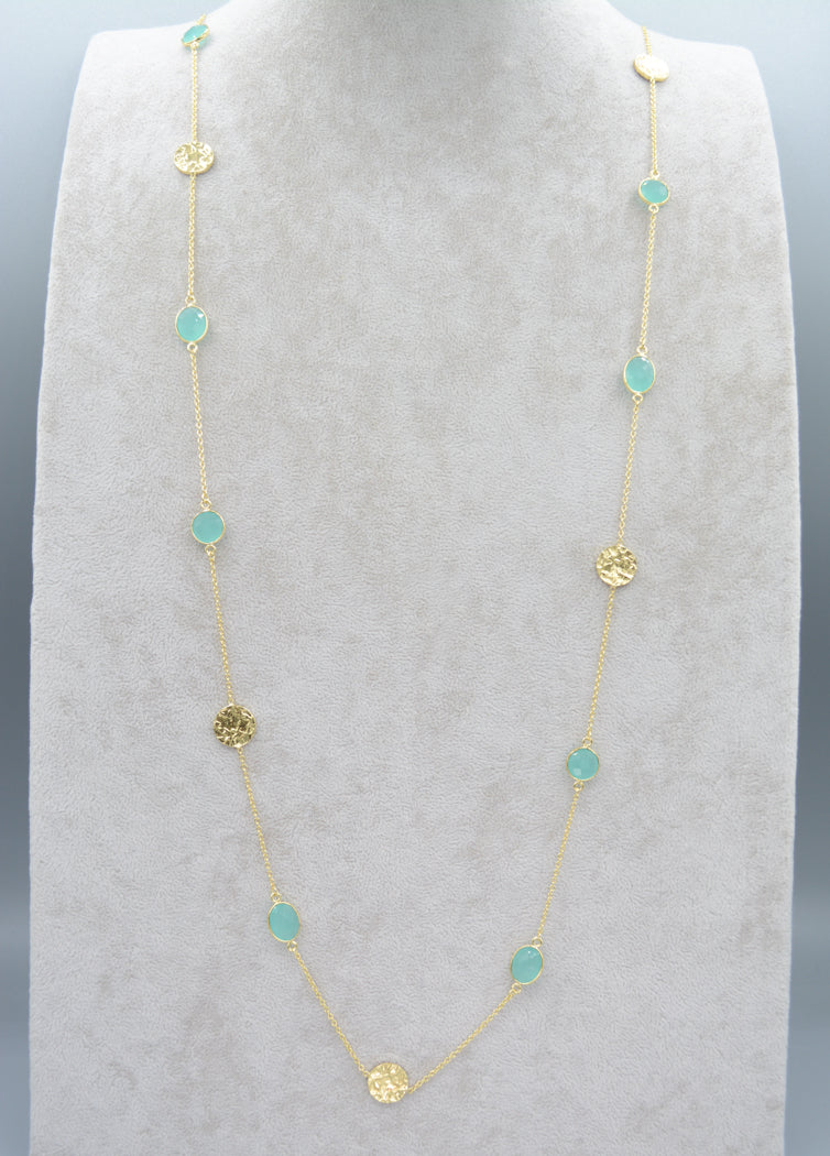 Gold Aqua chalcedony necklace with hammered discs
