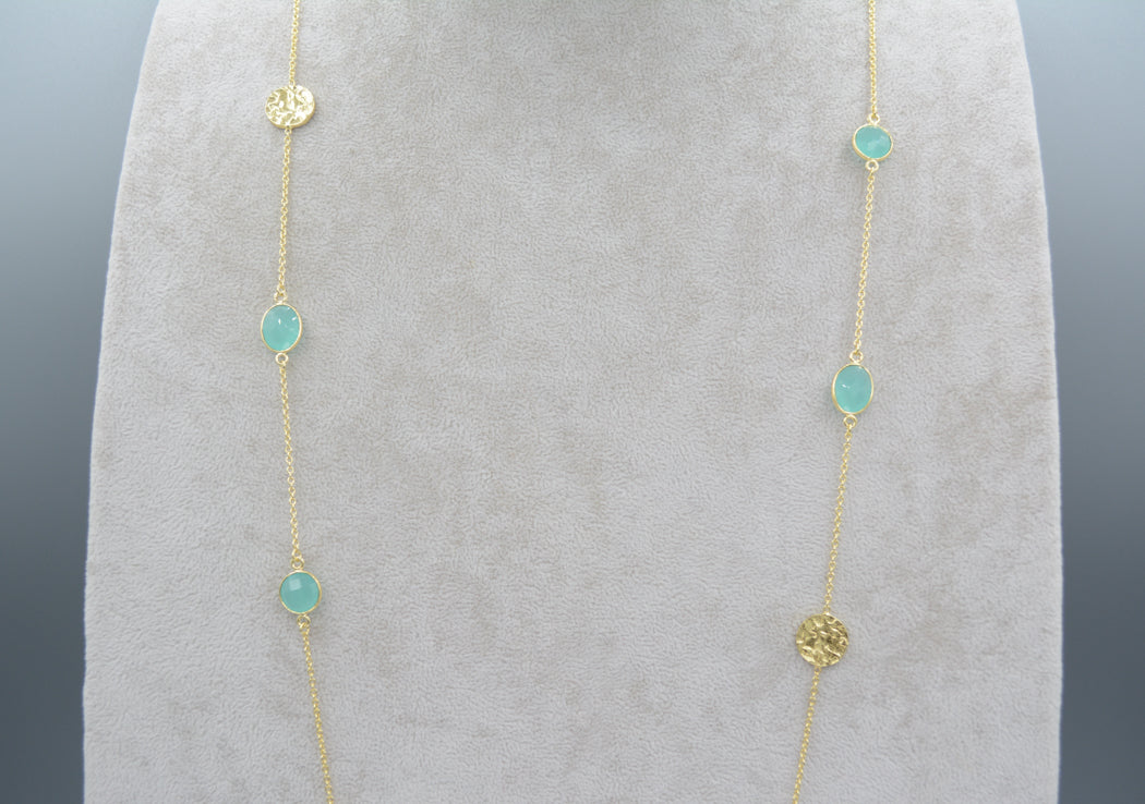 Gold Aqua chalcedony necklace with hammered discs