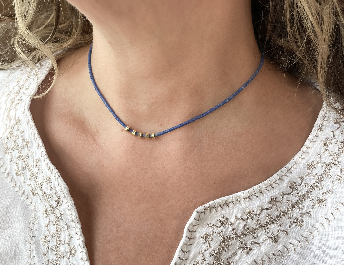 Lapis necklace with hammered gold spacers