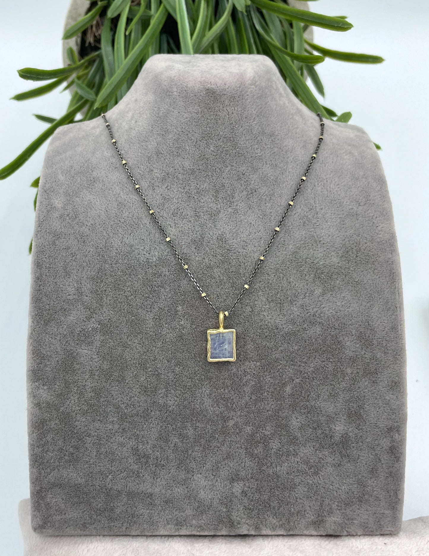Rainbow moonstone square pendant two-tone necklace