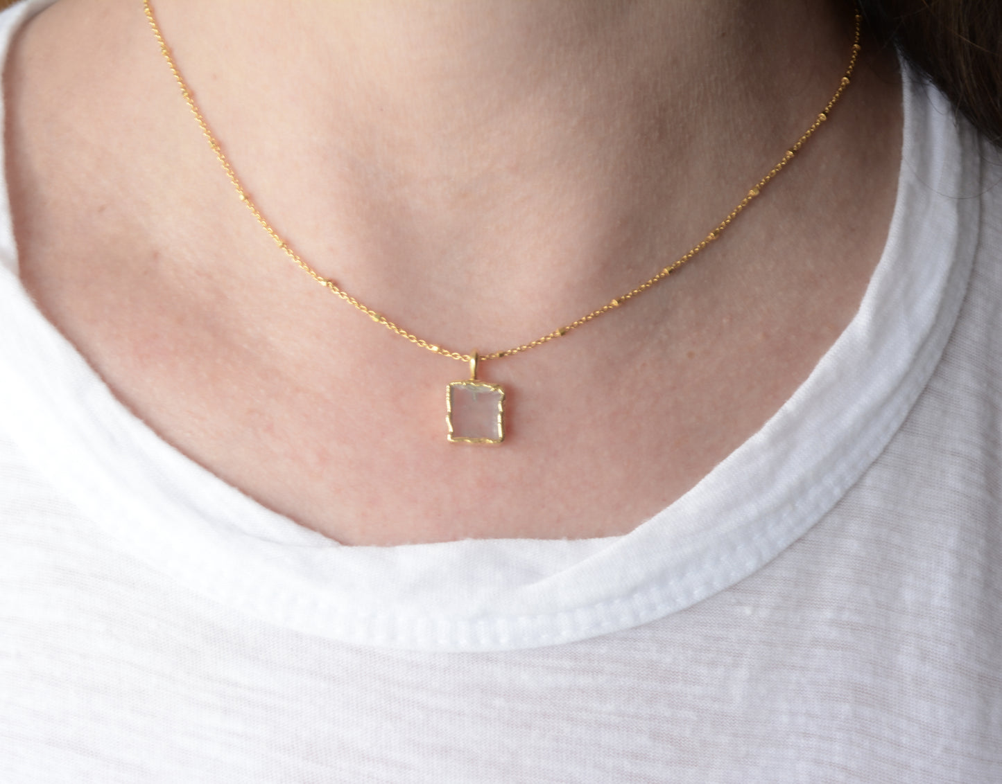 Rainbow moonstone square pendant necklace