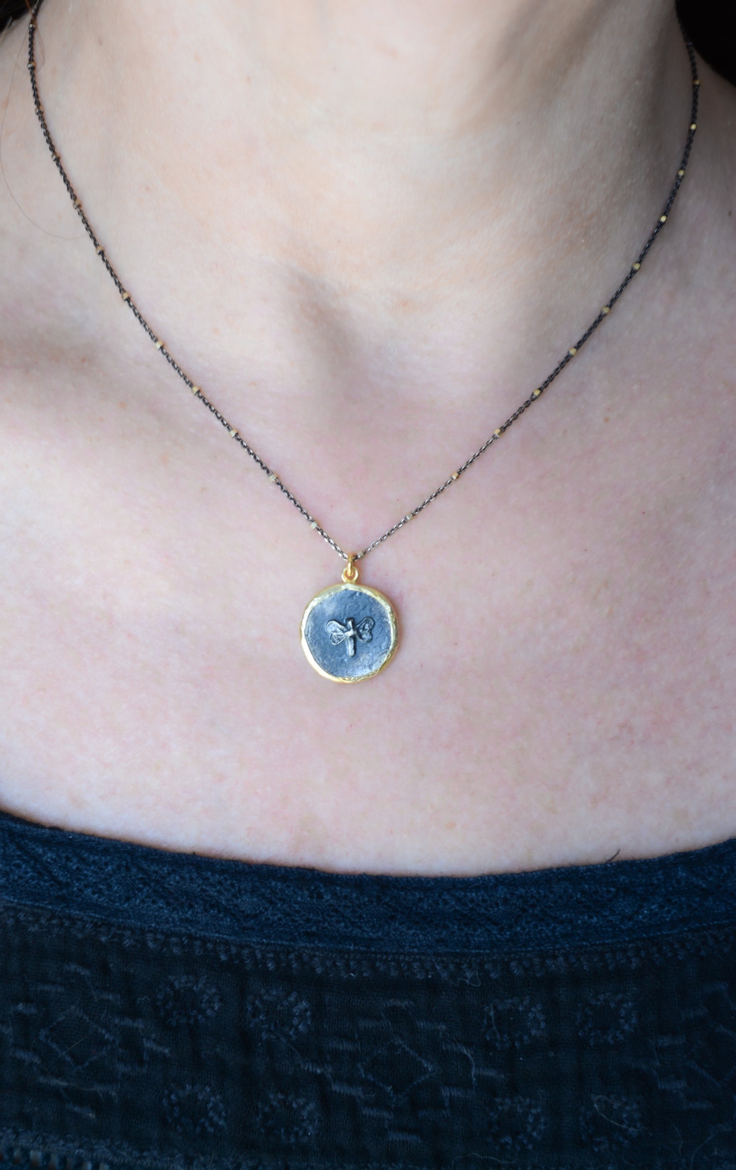 Mix metal baby dragonfly pendant necklace