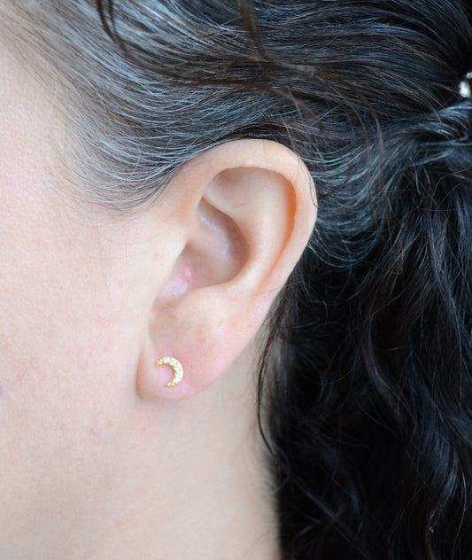 Gold plated crescent moon studs with pave cubic zirconia