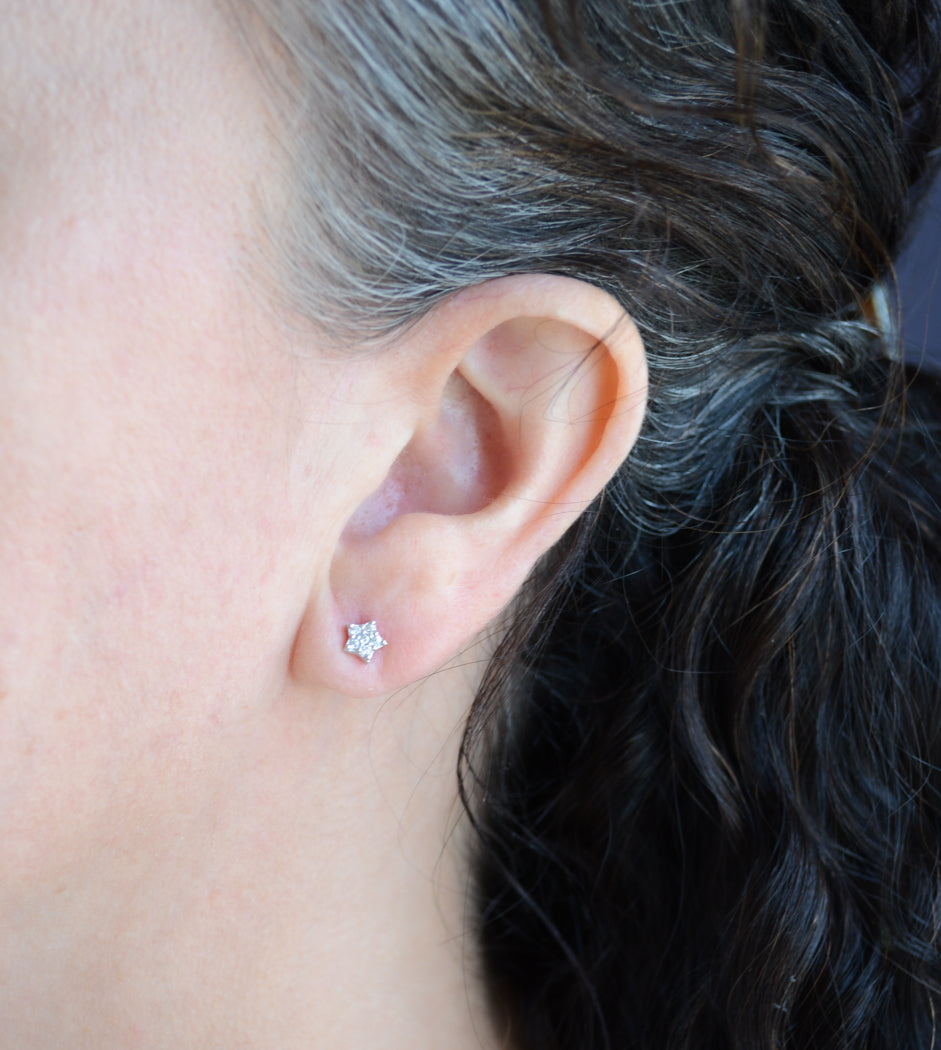 Silver star studs with pave cubic zirconia
