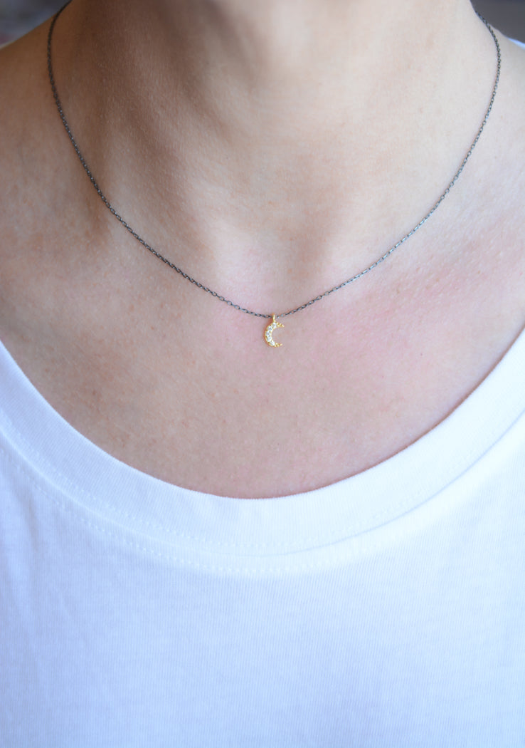 Two-tone necklace with cubic zirconia moon
