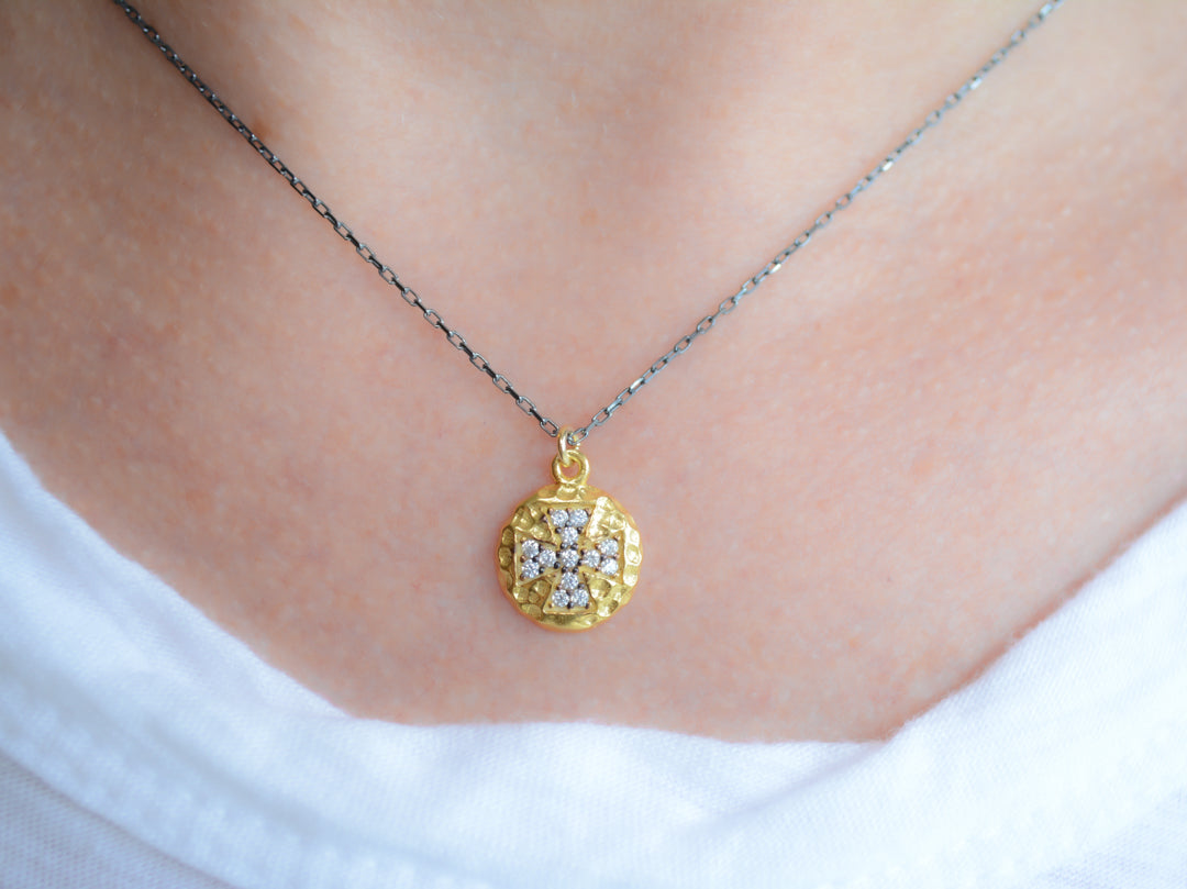 Two-tone Maltese cross necklace with cubic zirconia accents