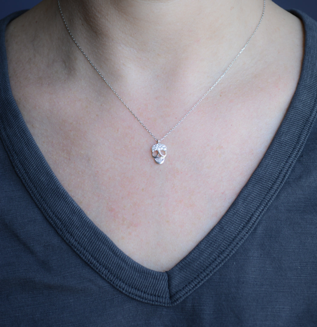 Silver Skull necklace with cubic zirconia accents