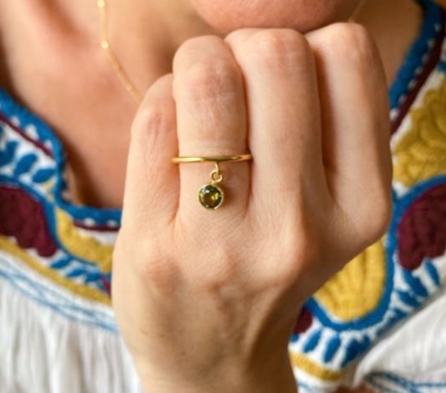 Adjustable green cubic zirconia charm ring