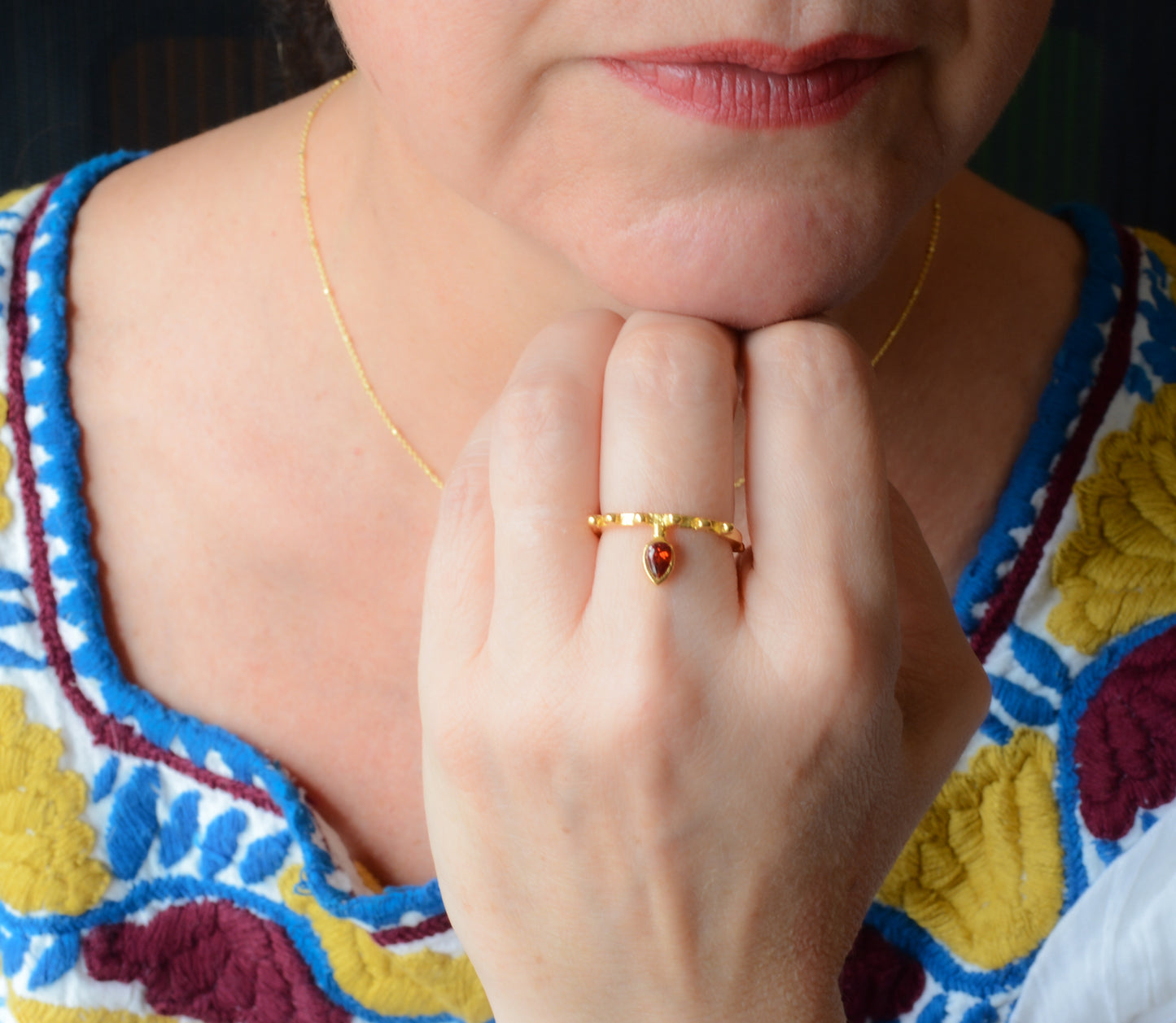 Adjustable red cubic zirconia teardrop ring