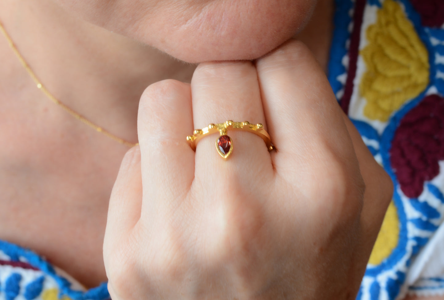 Adjustable red cubic zirconia teardrop ring