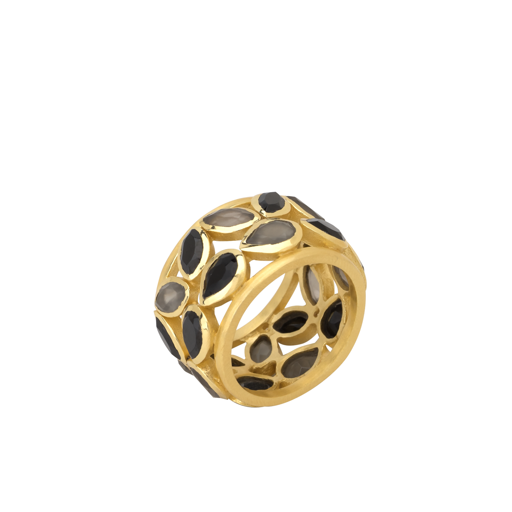 Gold plated band ring with onyx and gray moonstone