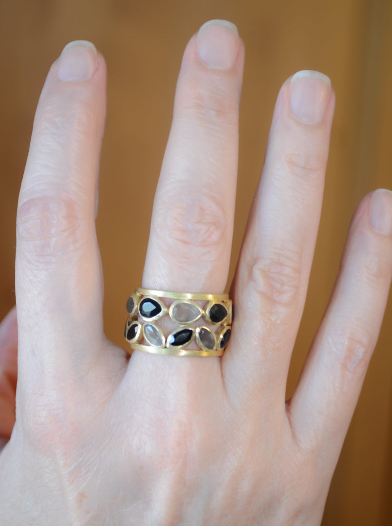 Gold plated band ring with onyx and gray moonstone