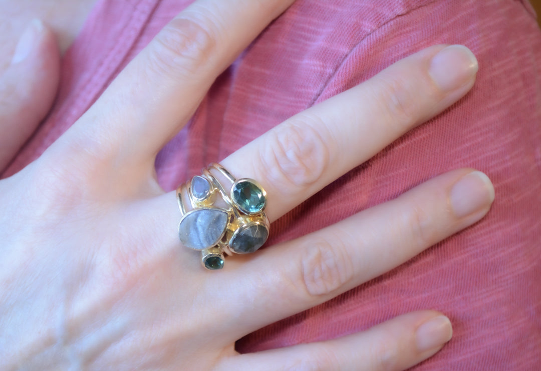 Gold plated stacking look ring with assorted stones