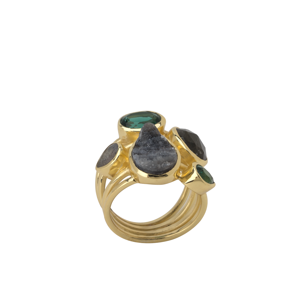 Gold plated stacking look ring with assorted stones