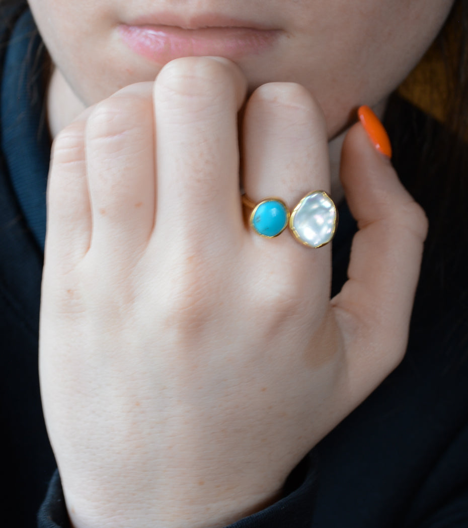 Gold Ring with Turquoise and Freshwater Pearl